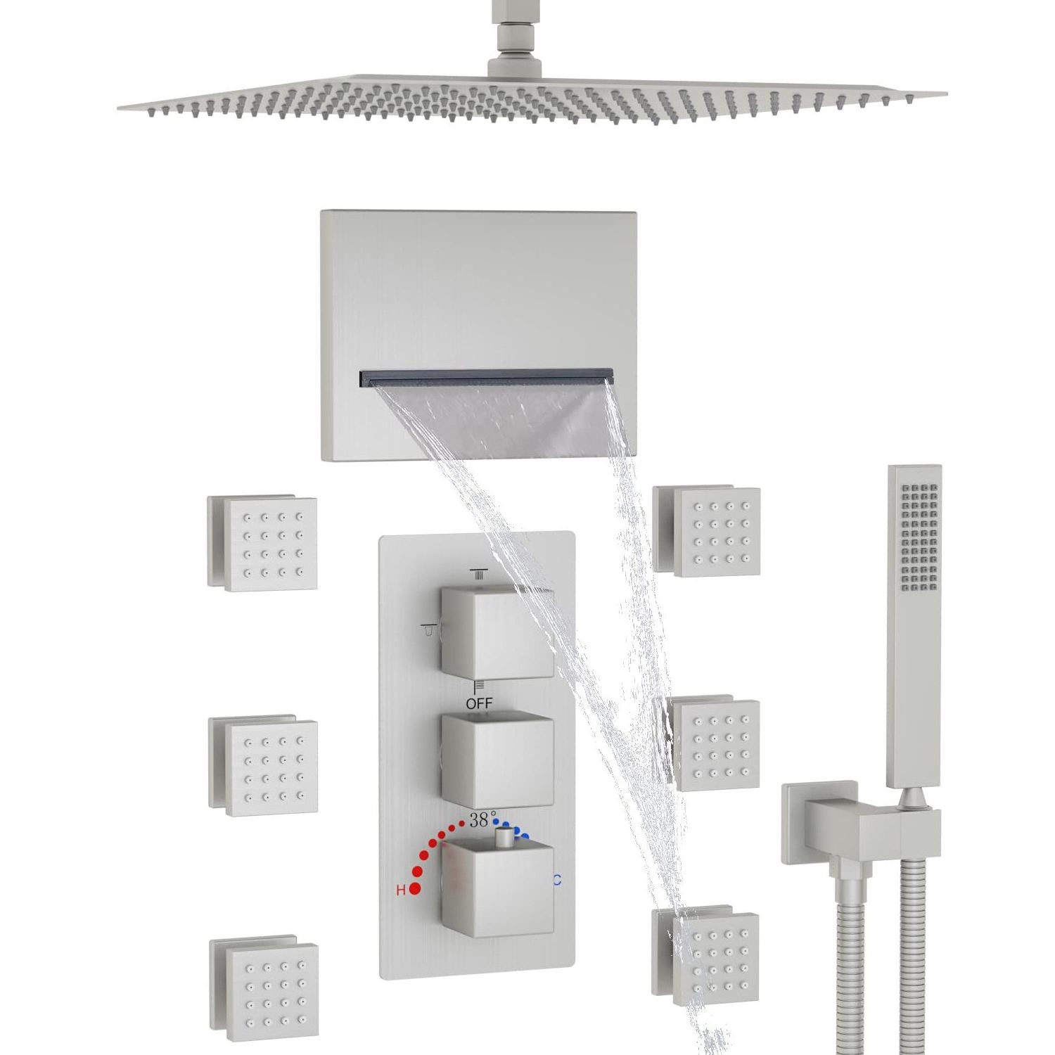 Brushed Nickel Shower System with Body Jets Innovative Wall-Mounted Tub Spout Thermostatic Brass Valve Faucet Sets Complete