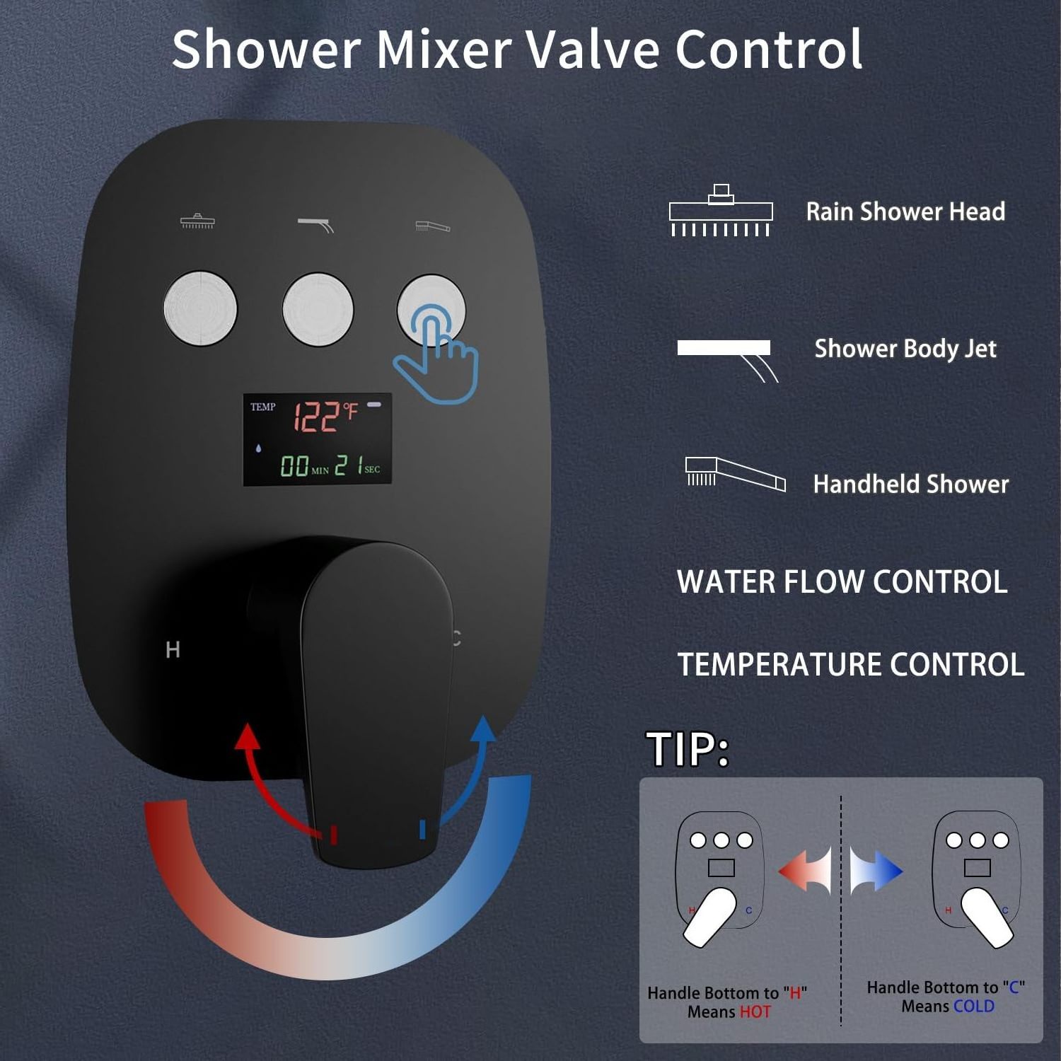 Modern Matte Black 3 Function Shower Diverter Valve Temperature Control Display Push Botton Shower Valve Kit