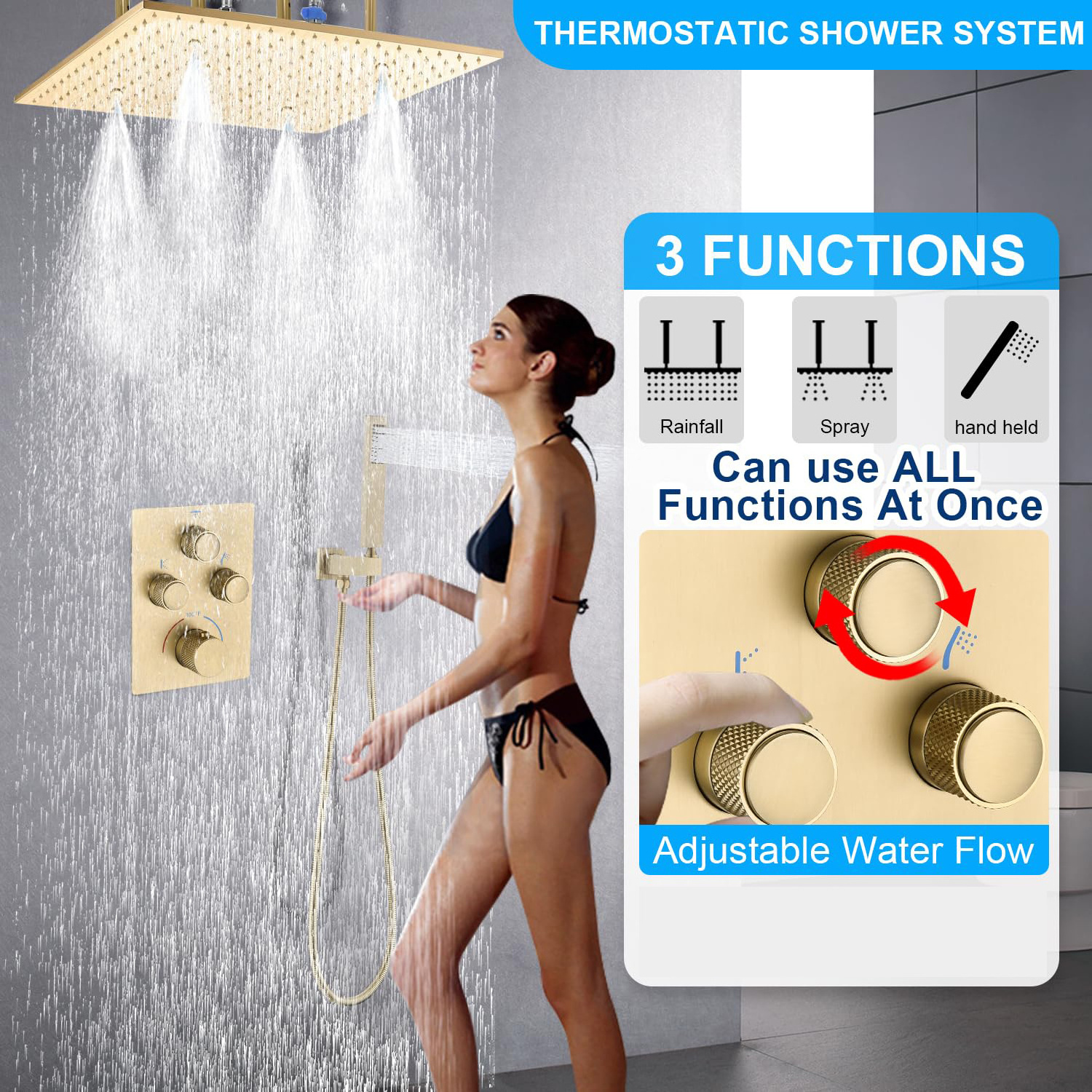 16 Inch Rain ceiling Overhead Shower Head Shower Faucet Set Brushed Gold Thermostatic Shower System sets