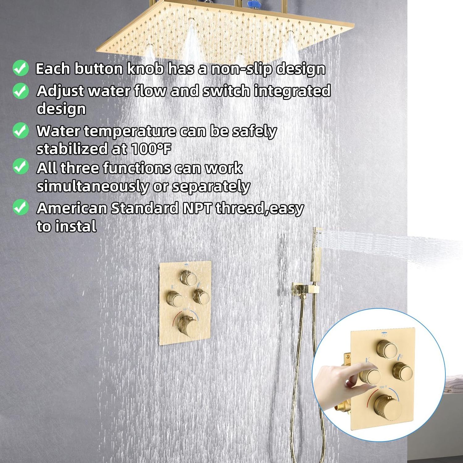 16 Inch Rain ceiling Overhead Shower Head Shower Faucet Set Brushed Gold Thermostatic Shower System sets