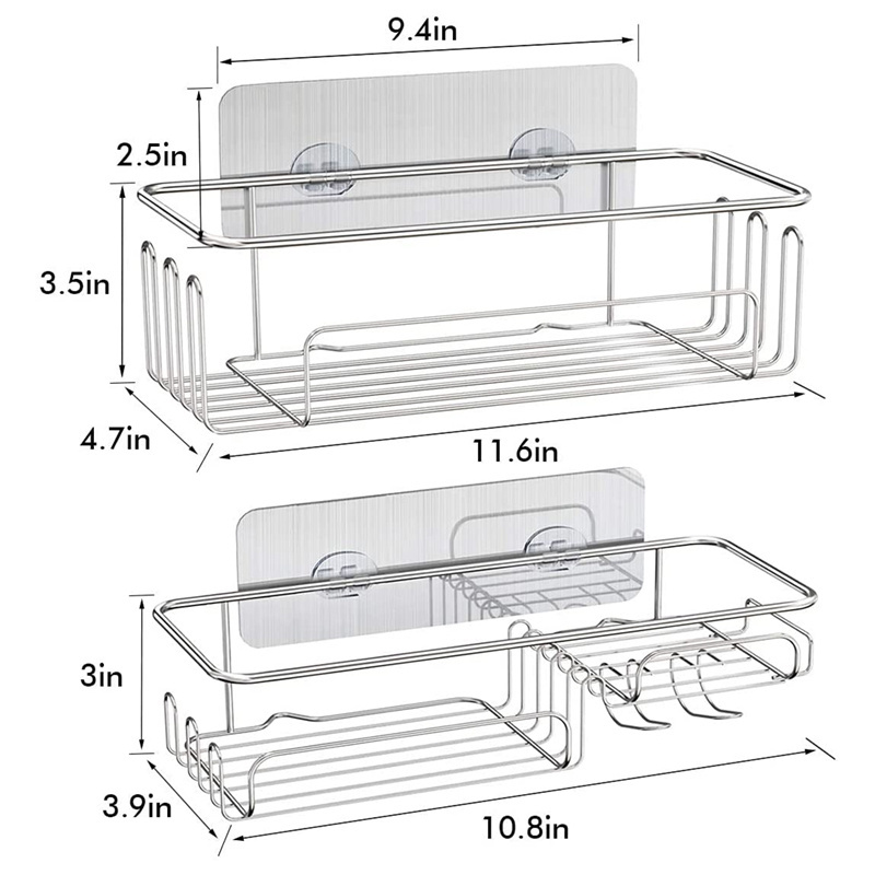 2 pack adhesive wall mounted Stainless Steel rustproof bathroom black hanging shower caddy 2 tier shelf