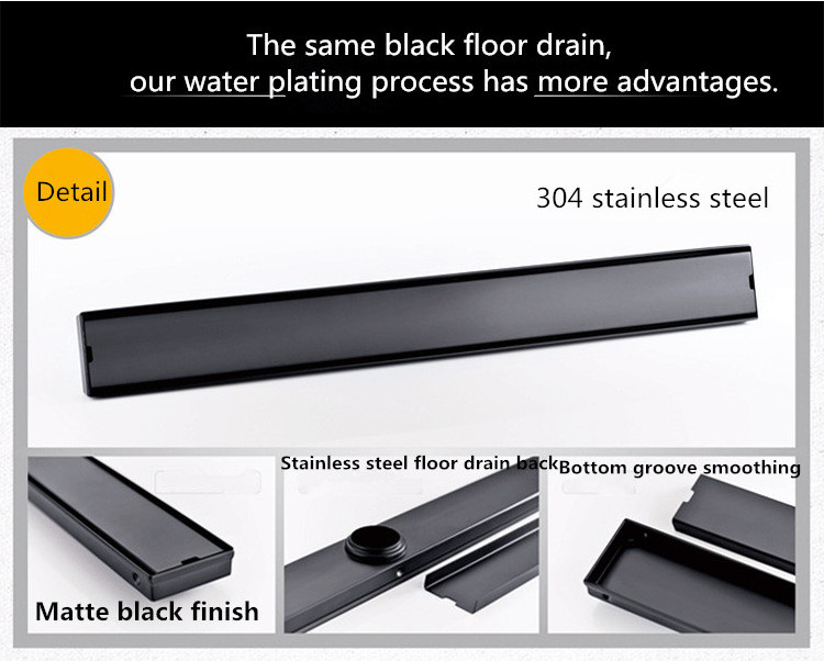 Black Stainless steel linear bathroom shower long floor drain trap