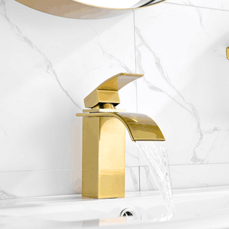 Gold Brass Waterfall Spout Single Handle Bathroom sink Faucet Lavatory Vessel Faucet Basin Mixer Tap