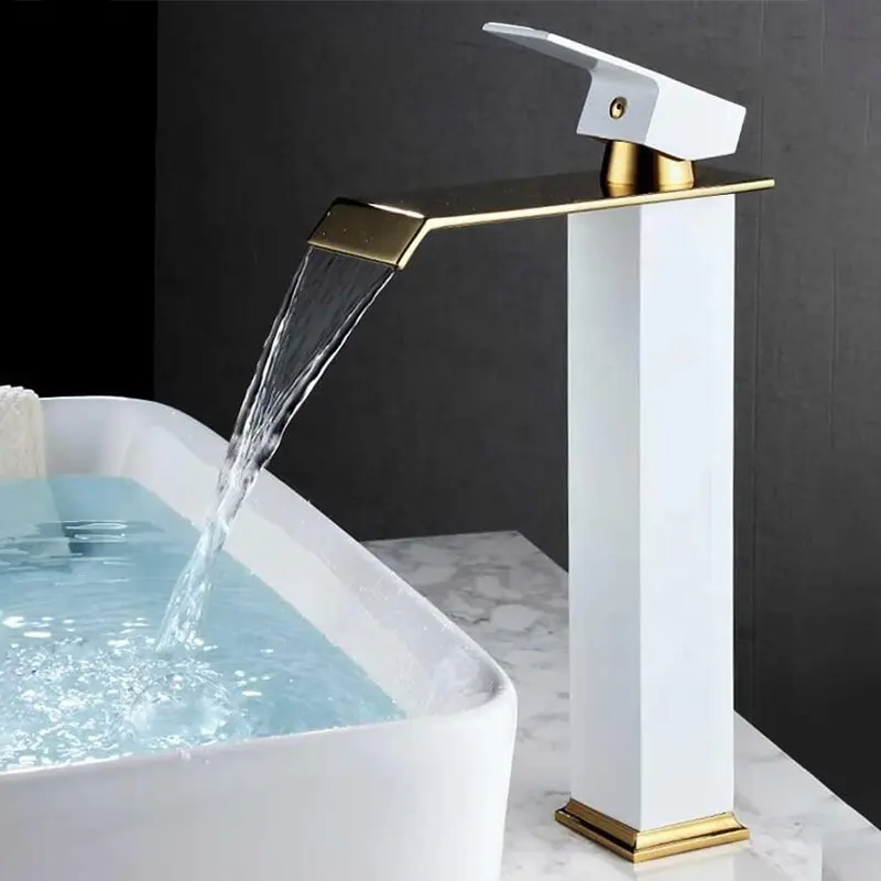 Stainless steel white and gold bathroom mixer tap waterfall basin faucet