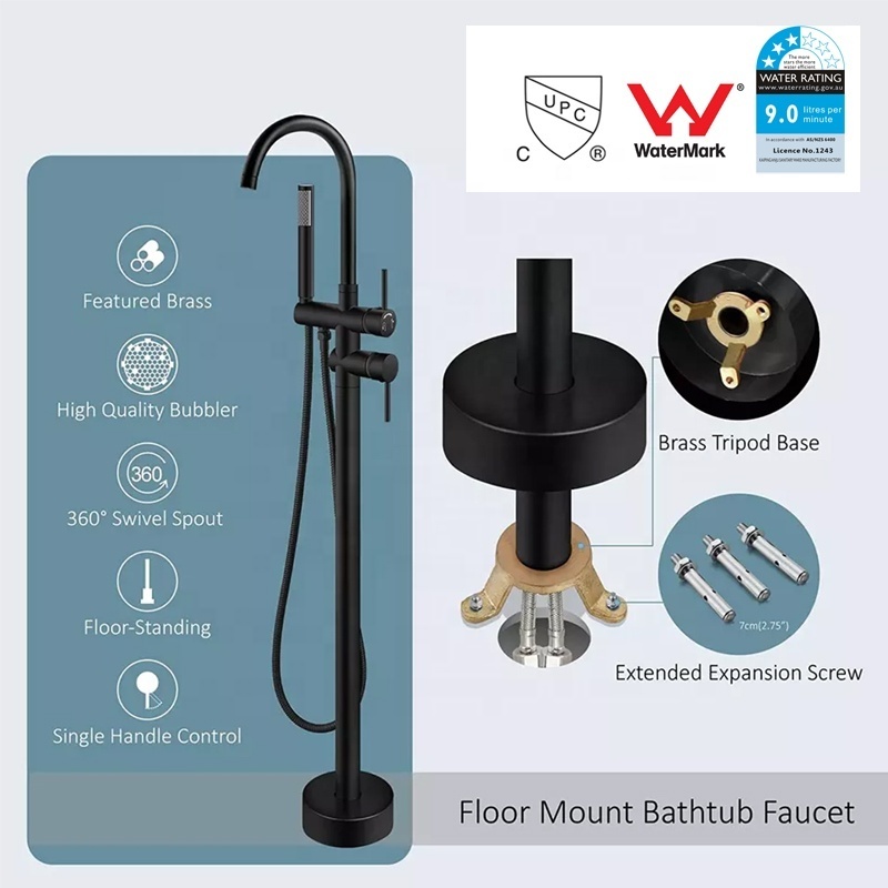 Floor Mount Bathtub Faucet Freestanding Tub Filler Matte Black Standing High Flow Shower Faucets with Handheld Shower Mixer Taps