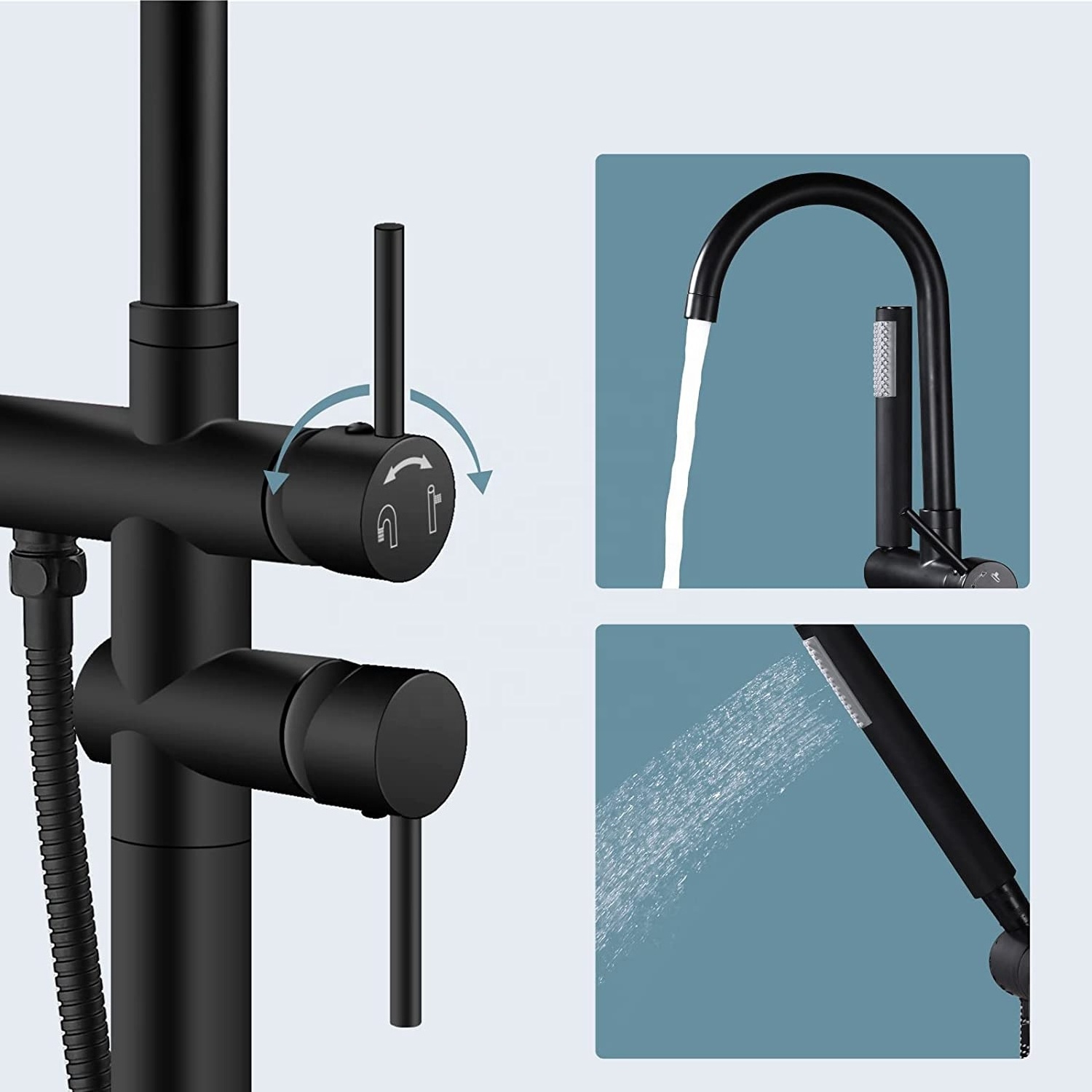 Floor Mount Bathtub Faucet Freestanding Tub Filler Matte Black Standing High Flow Shower Faucets with Handheld Shower Mixer Taps