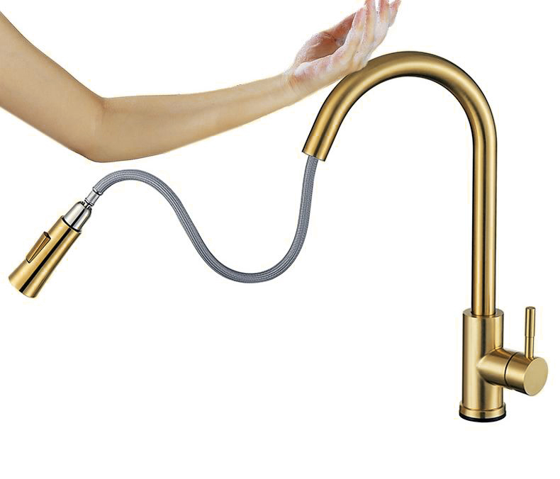 304 stainless steel smart touch sensor brushed gold put out sink faucet pull down sensor faucet kitchen mixer tap