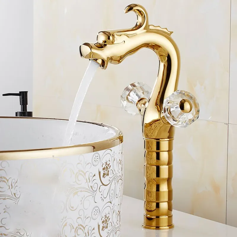 Dragon Crystal Dual Handles Single Hole Mixer Deck Mounted Lavatory Bathroom Taps Gold Basin Sink Faucet