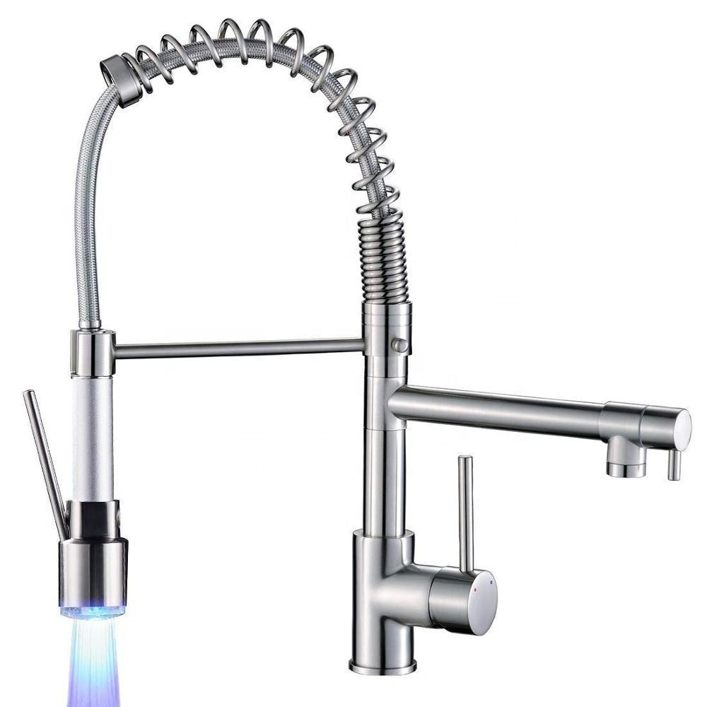 China LED Pull Down Copper Kitchen Faucets brass water tap with led light 3 color