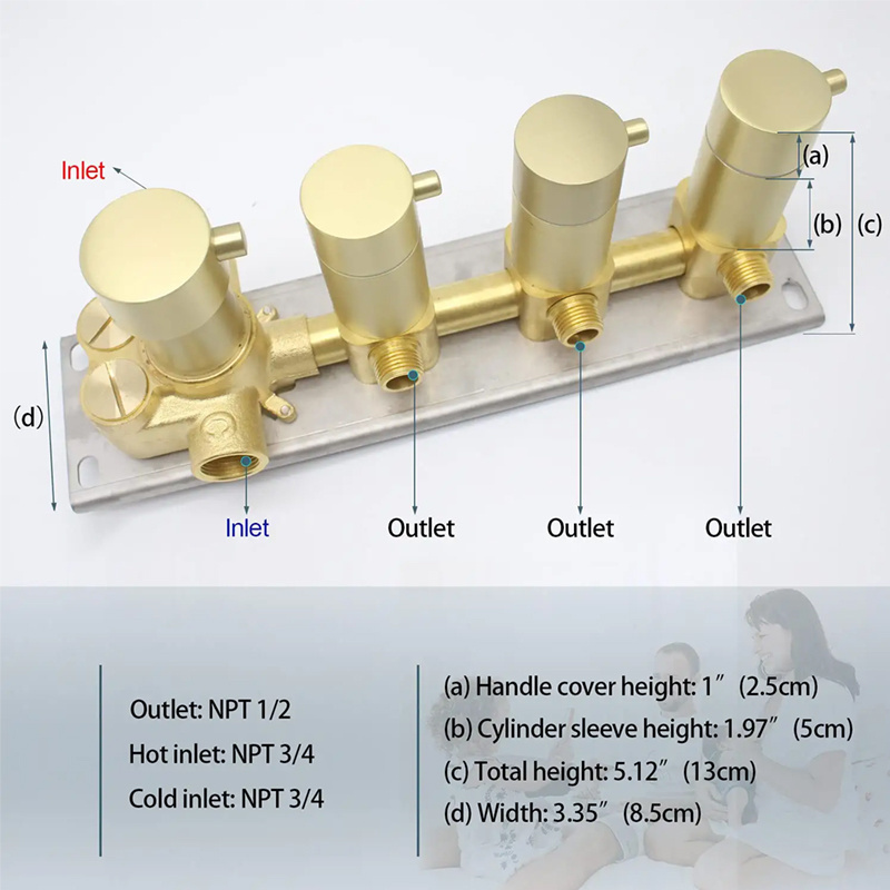 HOMEDEC Brushed Gold 3 Function 3 Way 4 Handles Concealed Thermostatic Shower water Diverter Valve with Round Knobs