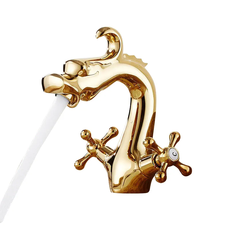 Dragon Crystal Dual Handles Single Hole Mixer Deck Mounted Lavatory Bathroom Taps Gold Basin Sink Faucet