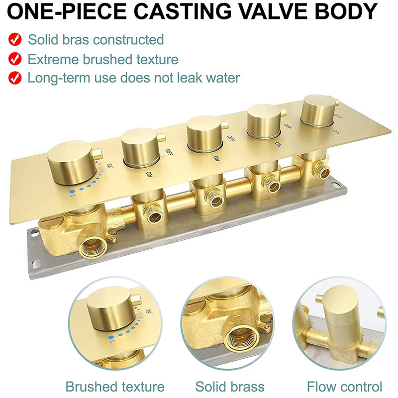 Brushed Gold 4 Way Thermostatic Shower Valve Concealed 4 outlet Shower Diverter Mixing Valve