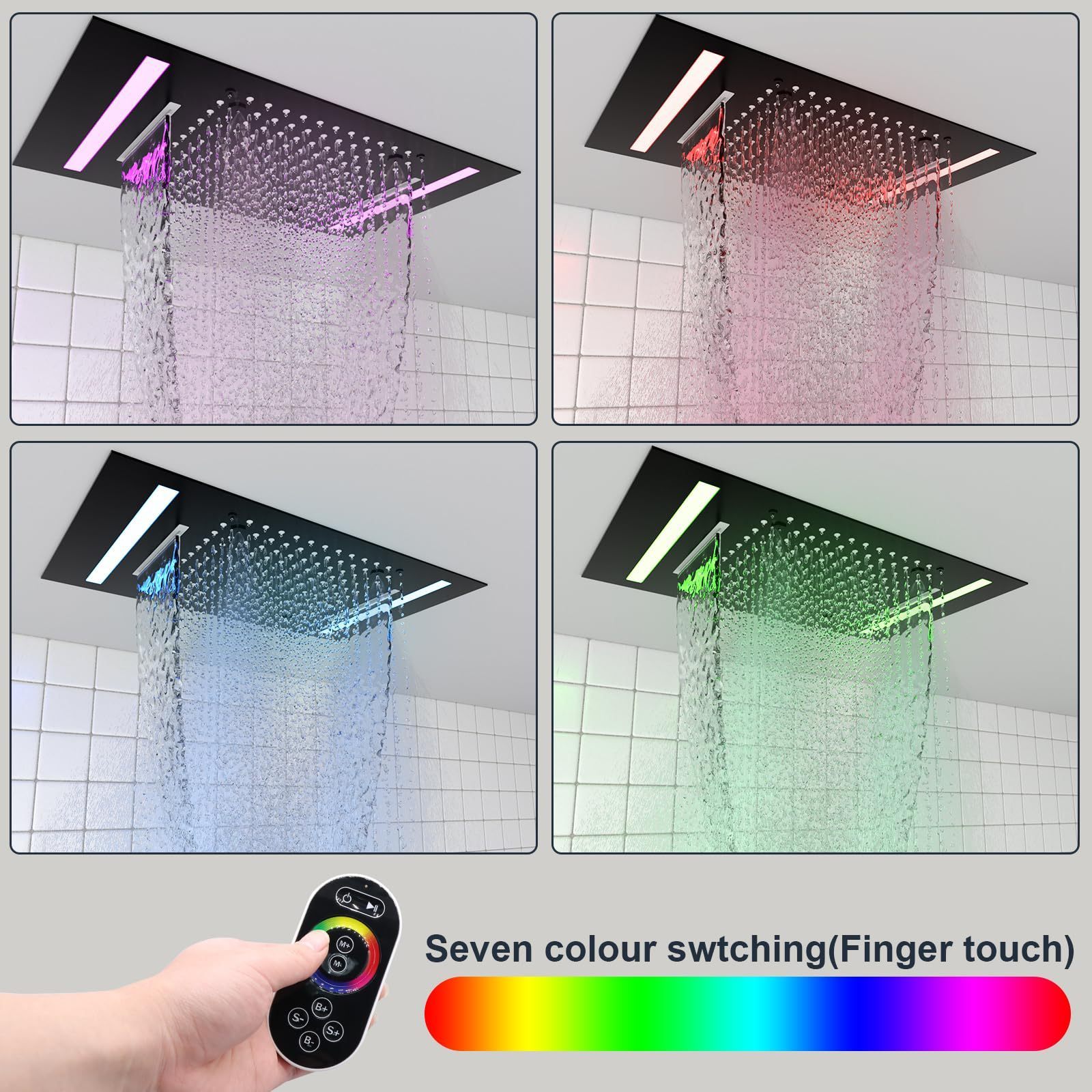 360*500mm matte black stainless steel led light 7 color changing shower head 3 modes waterfall bathroom showerehad