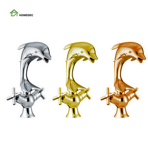 gold Dolphin dual handle Face Bathroom faucet