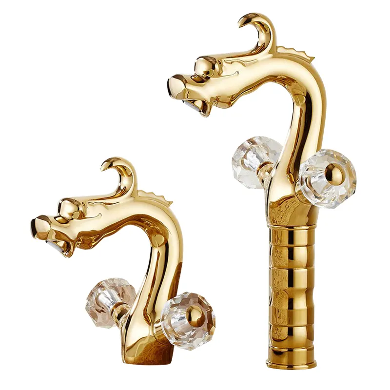 Dragon Crystal Dual Handles Single Hole Mixer Deck Mounted Lavatory Bathroom Taps Gold Basin Sink Faucet