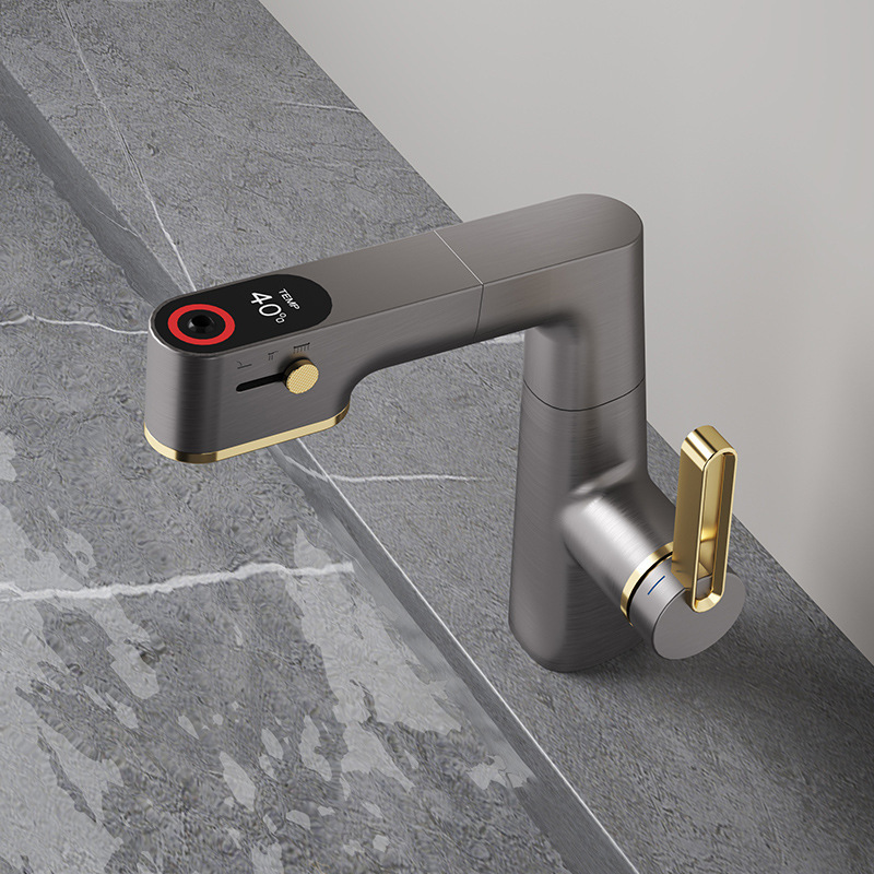 Basin Mixer Tap Basin Digital Display Gun Gray 360 Rotate The Faucet to Pull Out The Water Nozzle Hot and Cold Water