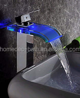 High quality Color Changing Waterfall glass Bathroom LED faucet Guangdong Supplier