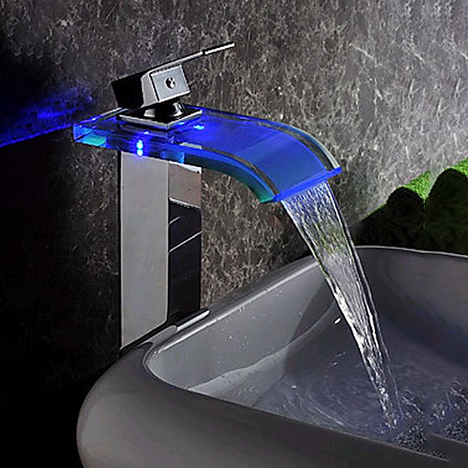 High quality Color Changing Waterfall glass Bathroom LED faucet Guangdong Supplier