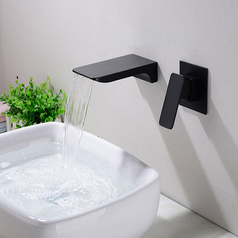 Wall Mounted Waterfall Black brass Spout Bathroom mixer taps Vessel basin Sink Faucet