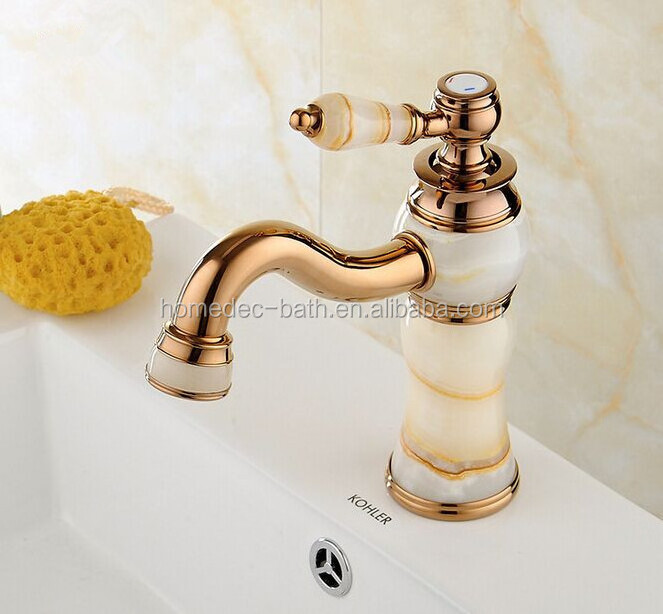 Antique Brass&Jade stone Bathroom Rose gold Hot and Cold Water taps Basin mixer Faucet