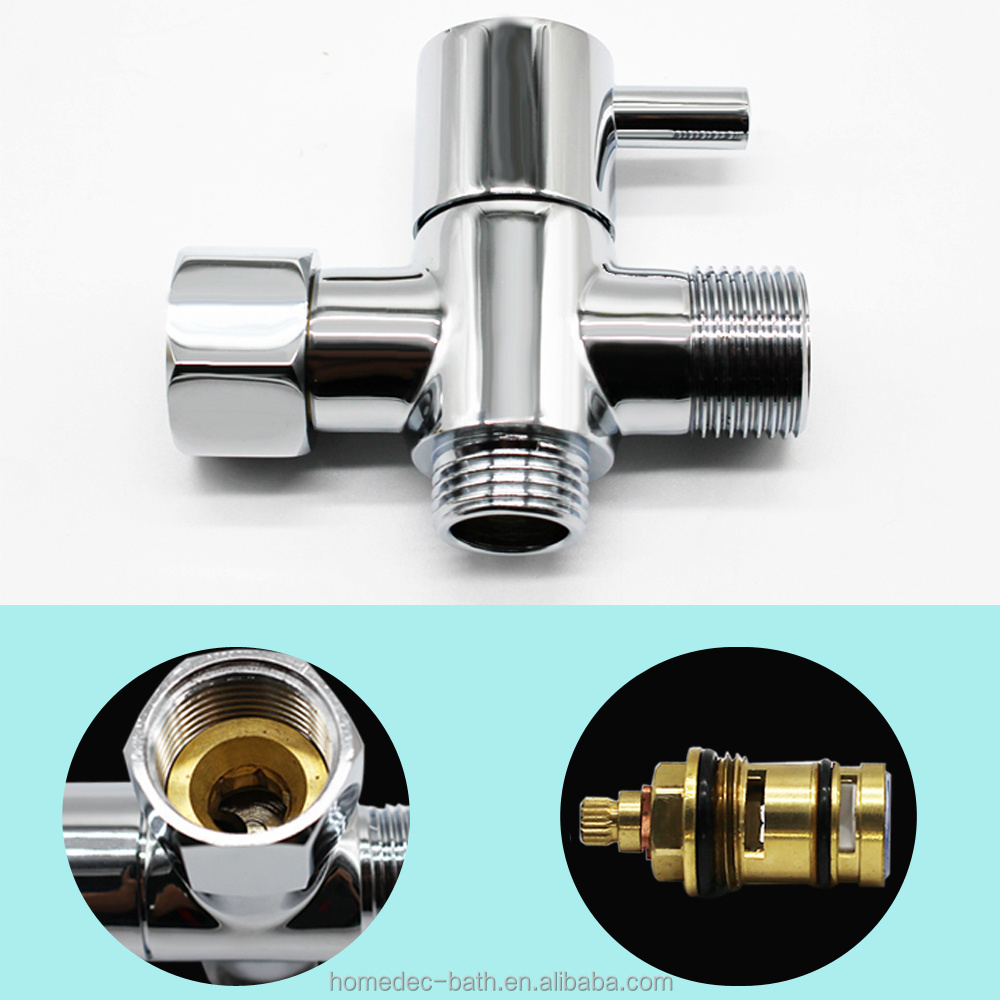 hexagonal Brass T-adapter with Shut-off Valve 3-way Tee Connector 7/8 inch diverter valve Chrome Finish for Bidets