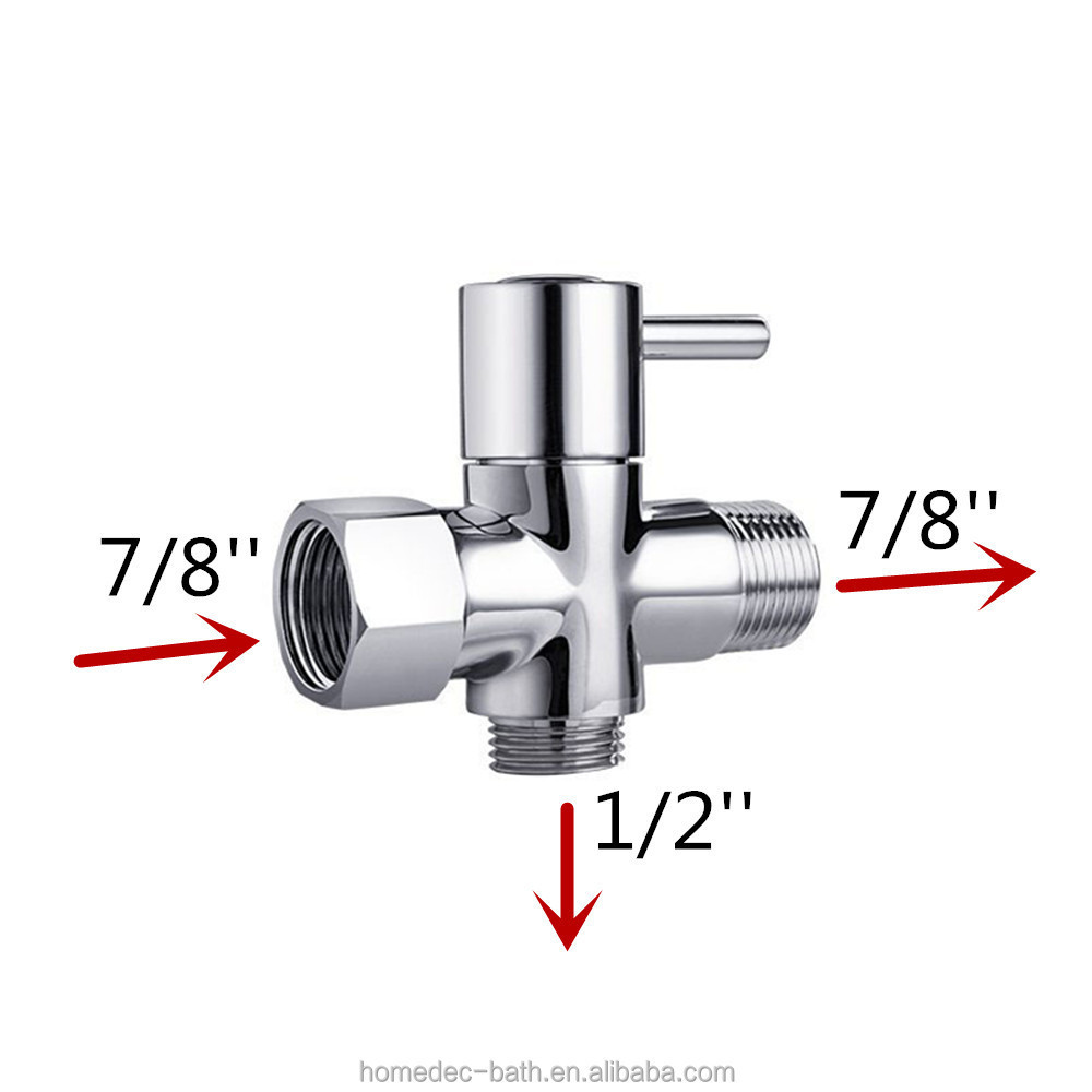 hexagonal Brass T-adapter with Shut-off Valve 3-way Tee Connector 7/8 inch diverter valve Chrome Finish for Bidets