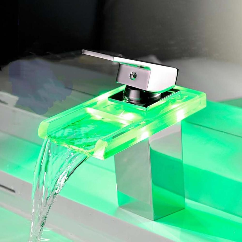 New Design LED Light Glass Spout sink Faucet 3 colors Bathroom Basin Hot and Cold Water Waterfall Mixer Tap