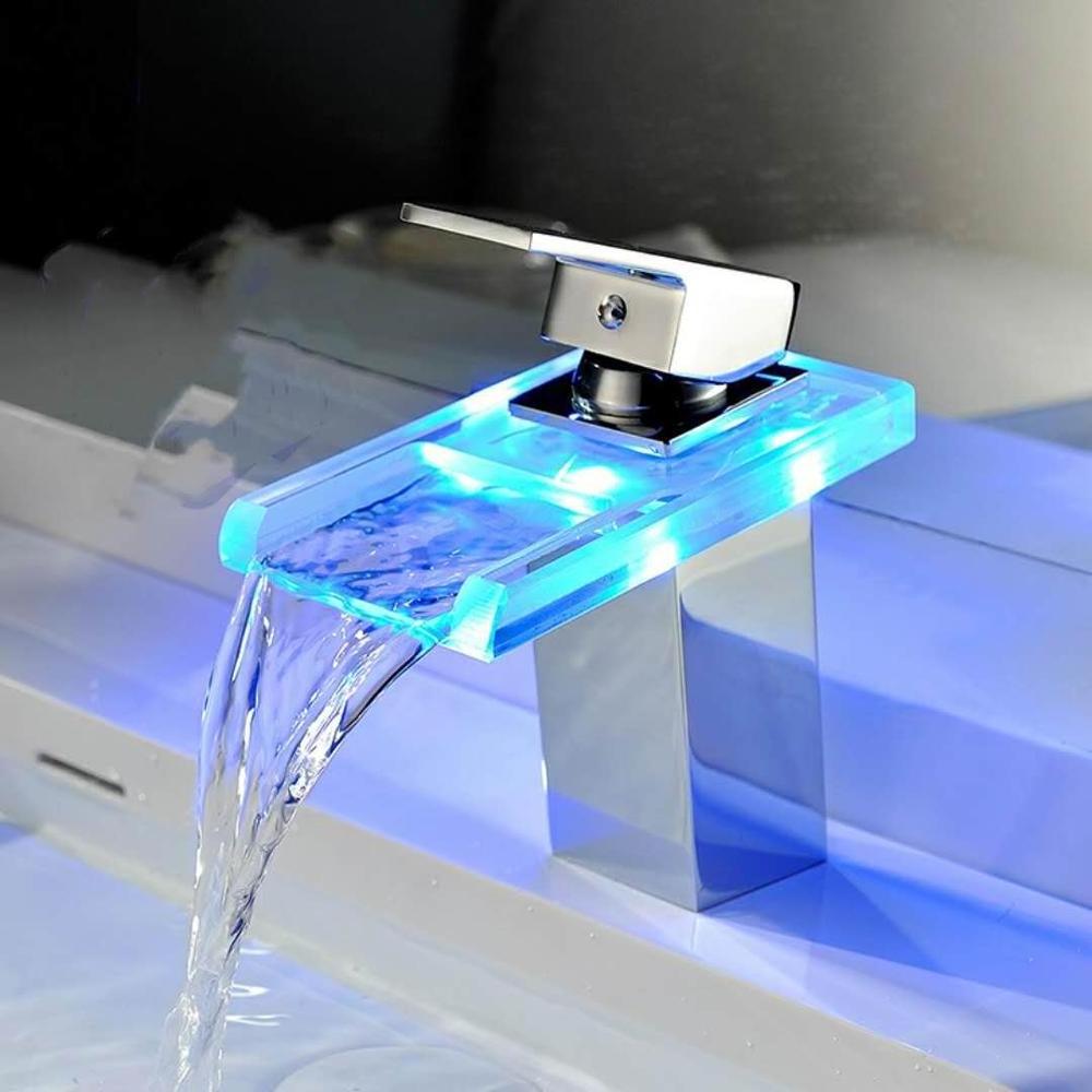 New Design LED Light Glass Spout sink Faucet 3 colors Bathroom Basin Hot and Cold Water Waterfall Mixer Tap