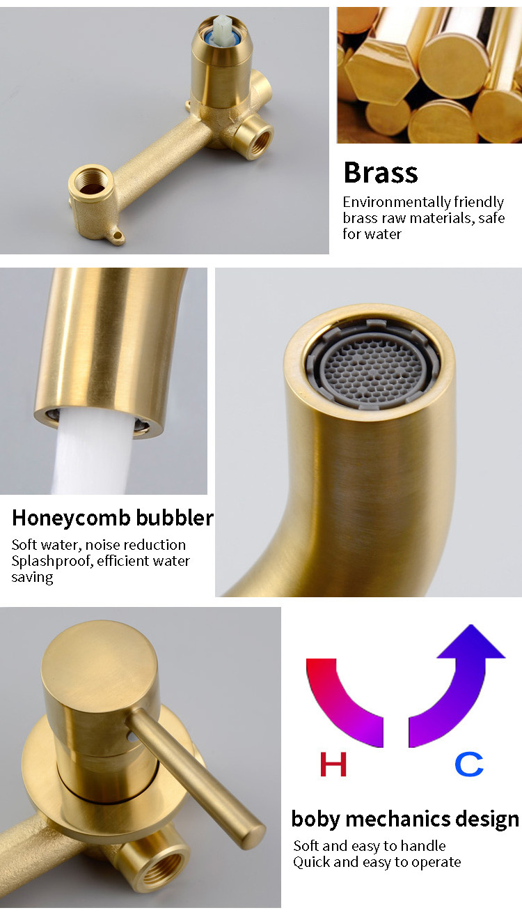 2 hole Wall mounted Faucet Brass Bathroom Sink Single Handle taps brushed gold basin Faucet