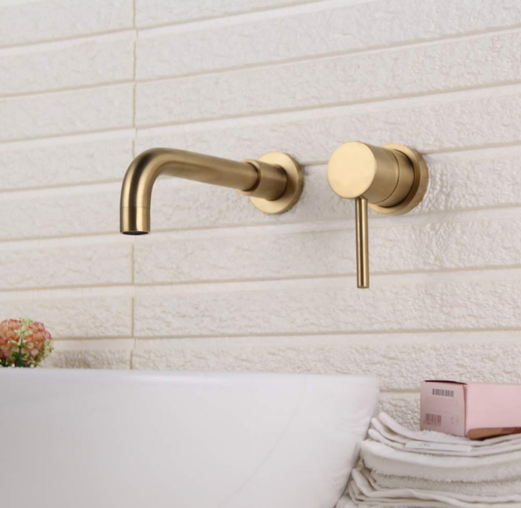 2 hole Wall mounted Faucet Brass Bathroom Sink Single Handle taps brushed gold basin Faucet