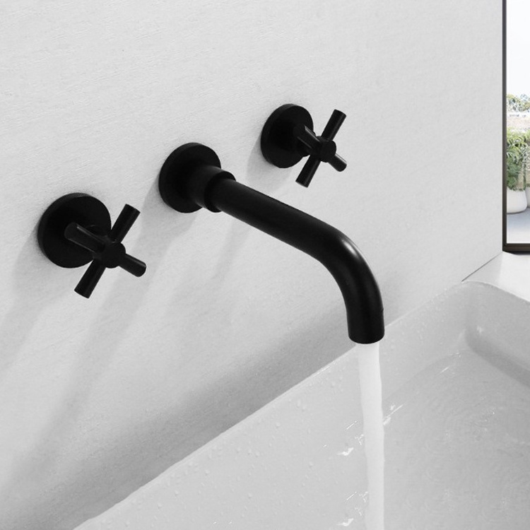 New CUPC Europe cheap bathroom 3 holes wall mounted water tap black brass basin sink faucet