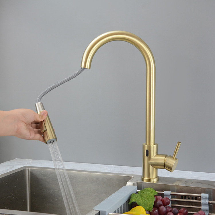 Modern stainless steel smart sensor touchless pull out brushed gold kitchen faucet