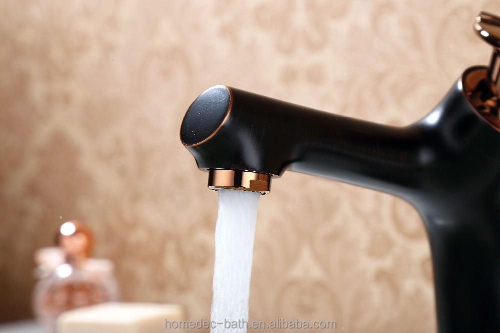 Bathroom deck-mounted Matte Black Hot and Cold Basin Sink Faucet with rose gold leaf shape handle