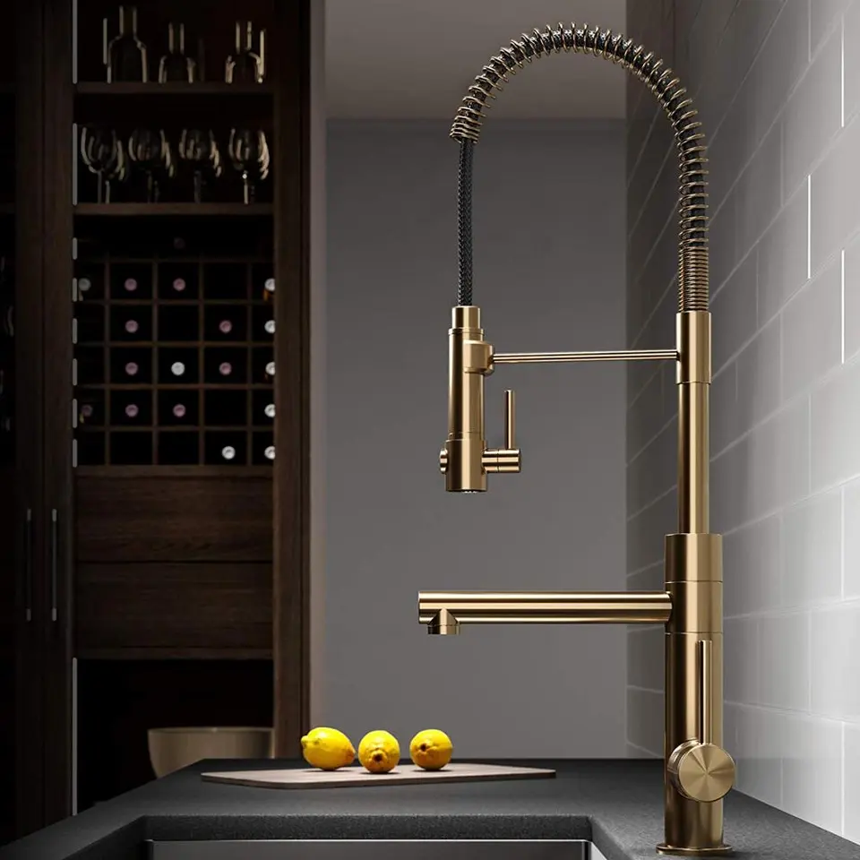 Good Quality Brushed gold Spring Kitchen Faucet  Pull out Side Sprayer Dual Spout Single  Handle Mixer Tap Sink Faucet