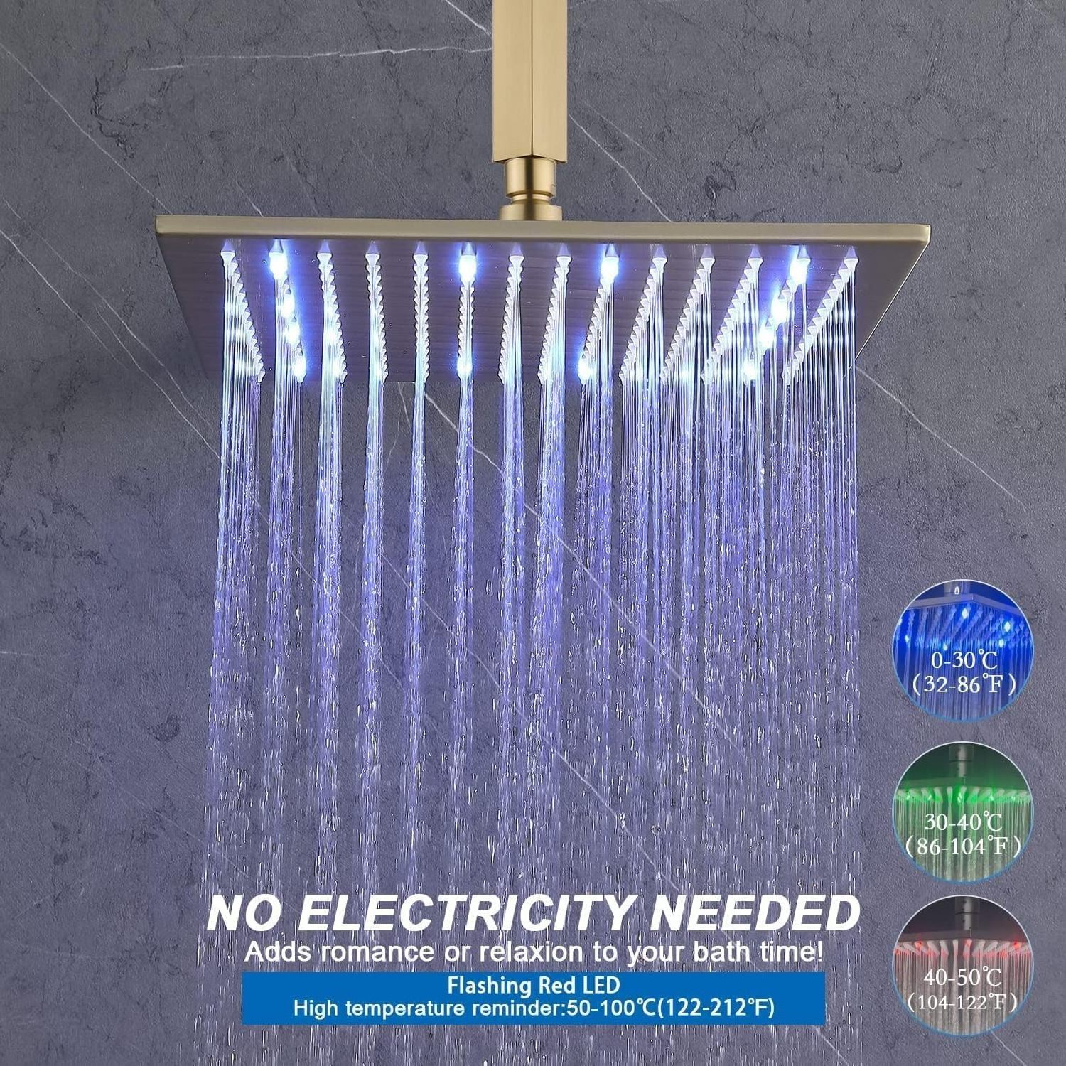 Luxury 16inch Ceiling LED Shower Jets System Brushed Gold Rainfall Thermostatic Shower Faucet Set with 6pcs Full Body Spray Jets