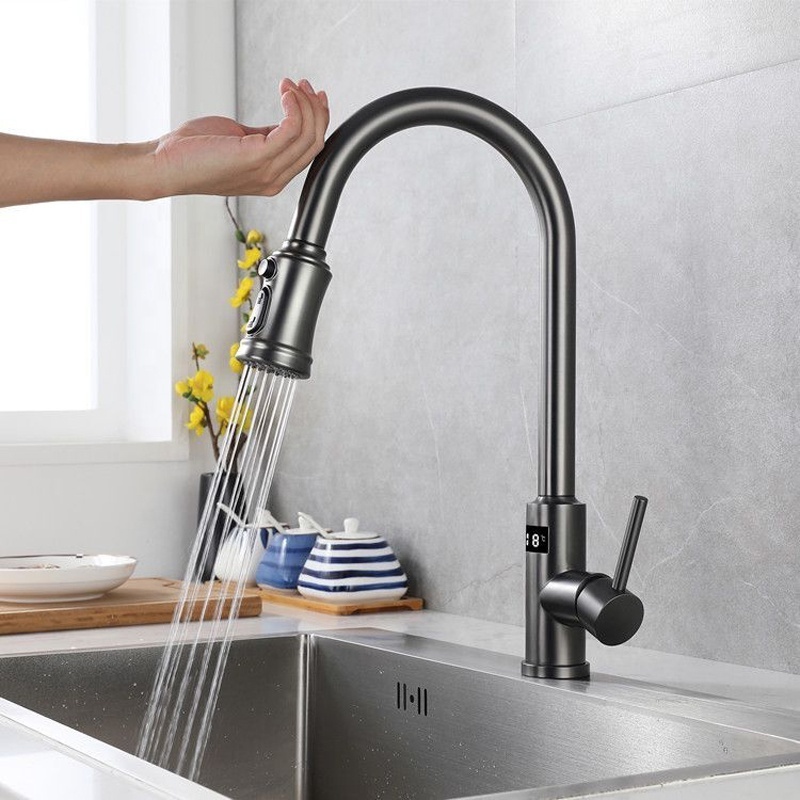 New Stainless Steel touch smart sensor pull out kitchen tap faucets with LED Digital temperature Display