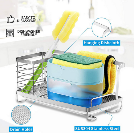 Stainless Steel Standing Kitchen Sink Organizer Shelf Caddy Soap Sponge Drain Rack Holder Storage rack for Countertops ,Cabinets