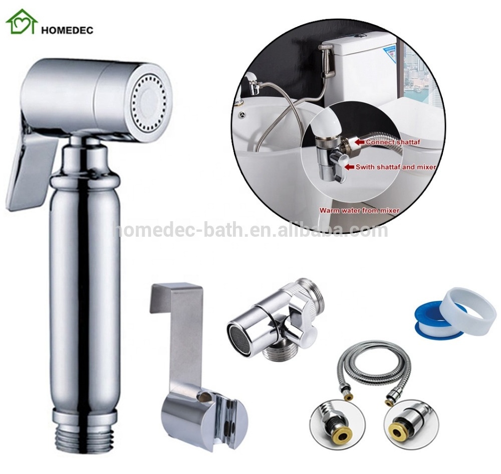 Brass chrome hot cold water faucet diverter bidet shattaf set for toilet