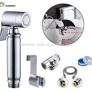 Brass chrome hot cold water faucet diverter bidet shattaf set for toilet