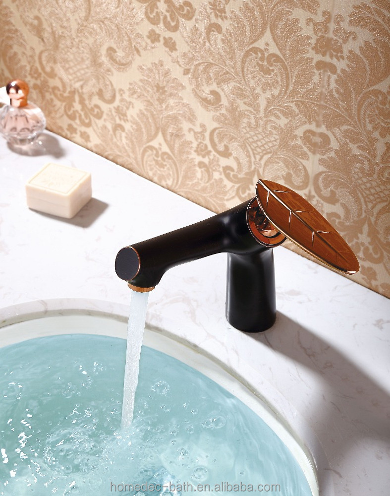 Bathroom deck-mounted Matte Black Hot and Cold Basin Sink Faucet with rose gold leaf shape handle