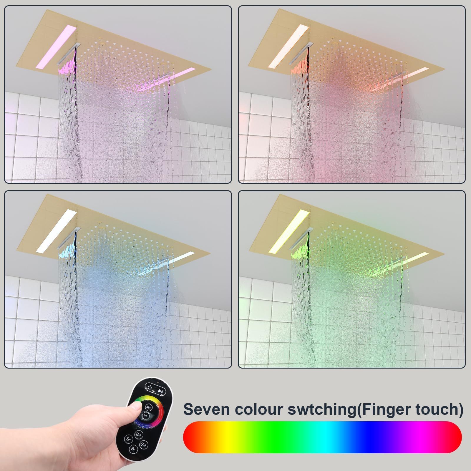 Brushed gold 3 Functions 14x20 inch LED 7 Colors Showerhead 304 Stainless Steel Rectangle Rainfall Shower Head for Bathroom