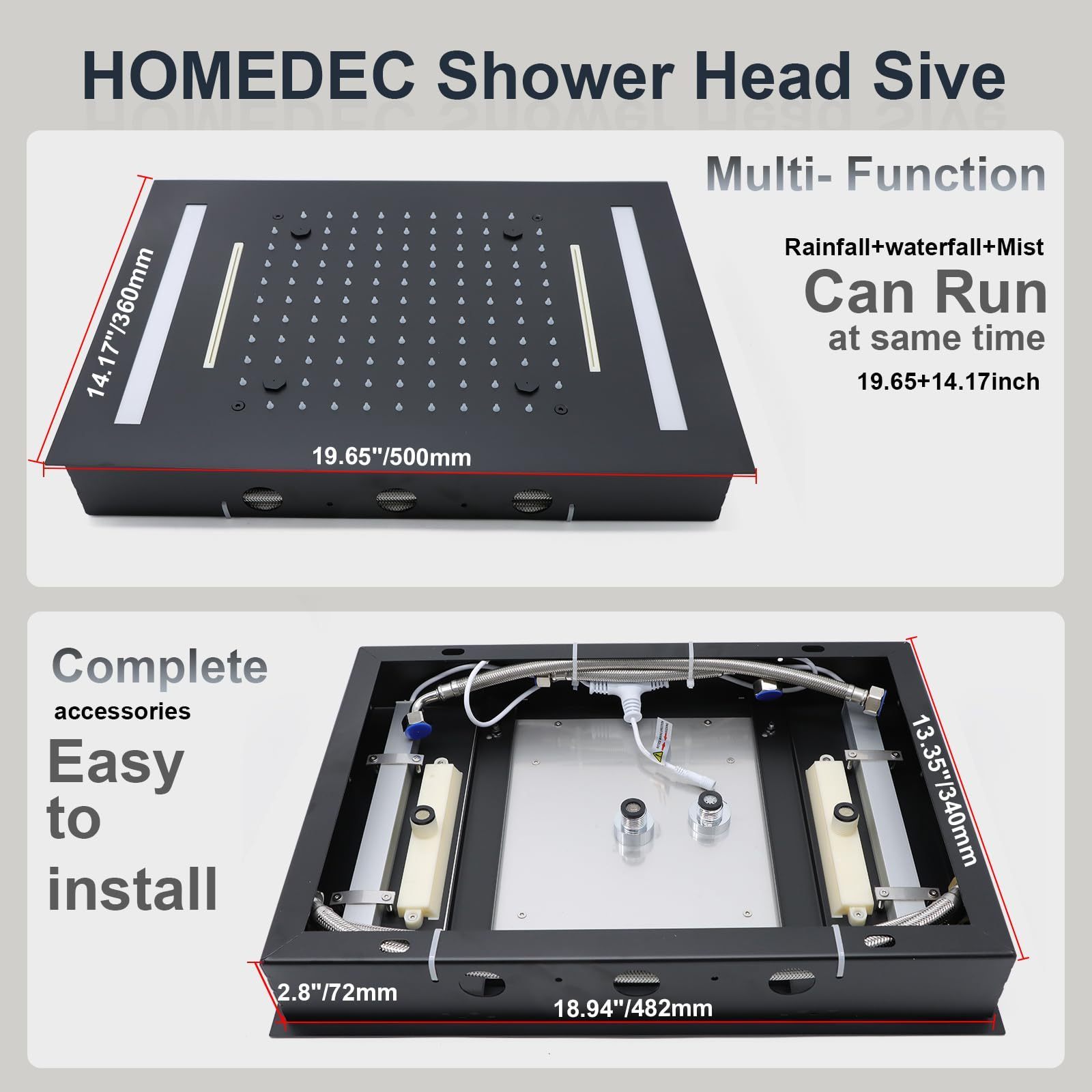 360*500mm matte black stainless steel led light 7 color changing shower head 3 modes waterfall bathroom showerehad