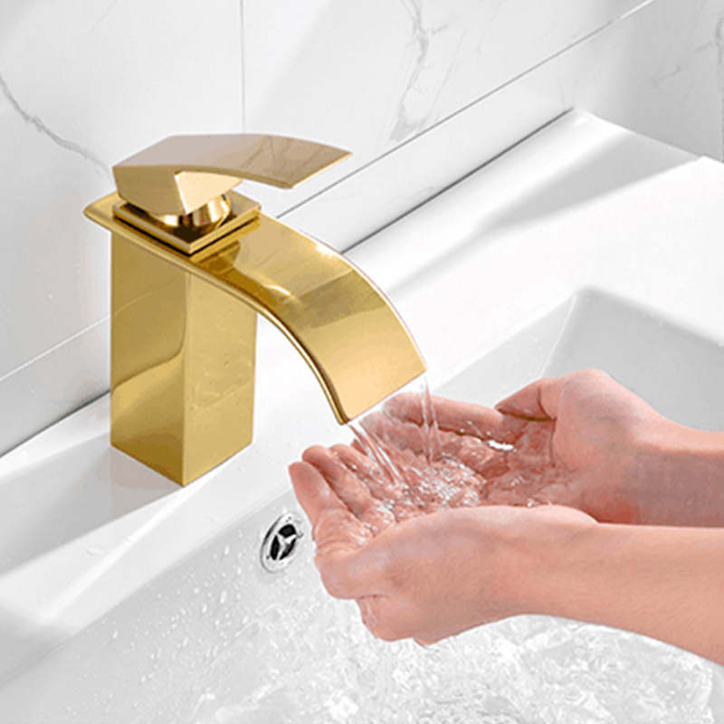 Gold Brass Waterfall Spout Single Handle Bathroom sink Faucet Lavatory Vessel Faucet Basin Mixer Tap