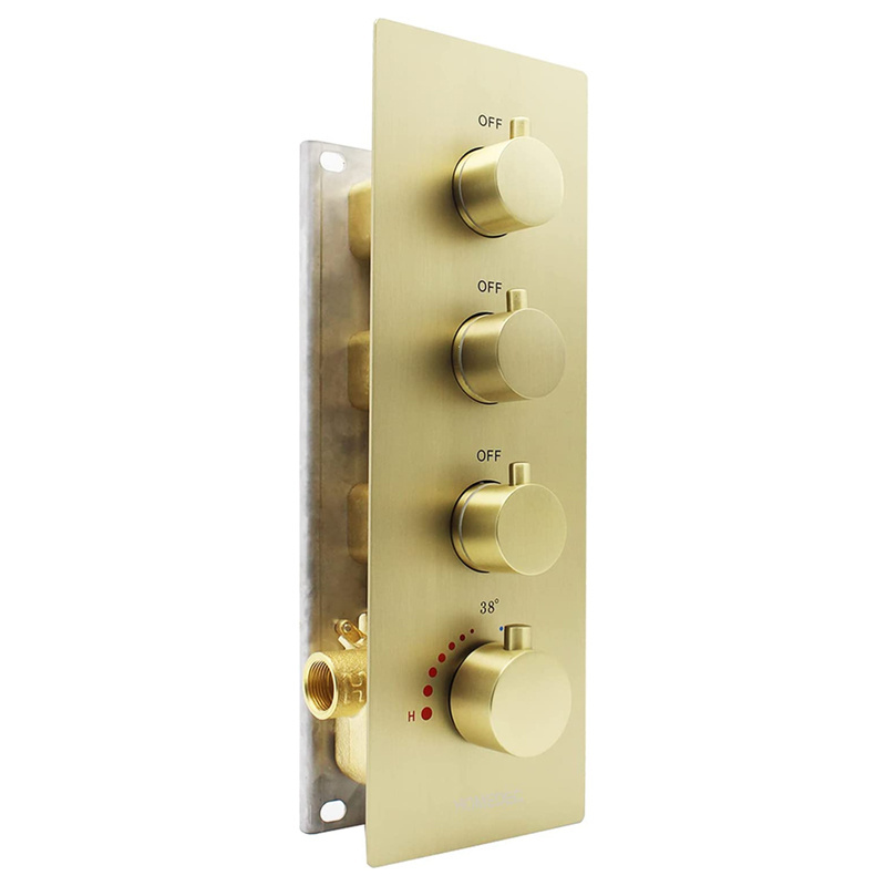 HOMEDEC Brushed Gold 3 Function 3 Way 4 Handles Concealed Thermostatic Shower water Diverter Valve with Round Knobs