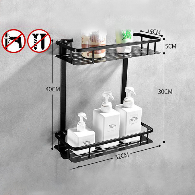 China High quality Aluminum wall mounted Adhesive black 2 layers Bathroom Shelves Shower Caddy Shelf