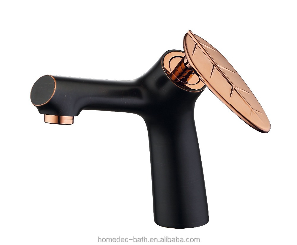 Bathroom deck-mounted Matte Black Hot and Cold Basin Sink Faucet with rose gold leaf shape handle