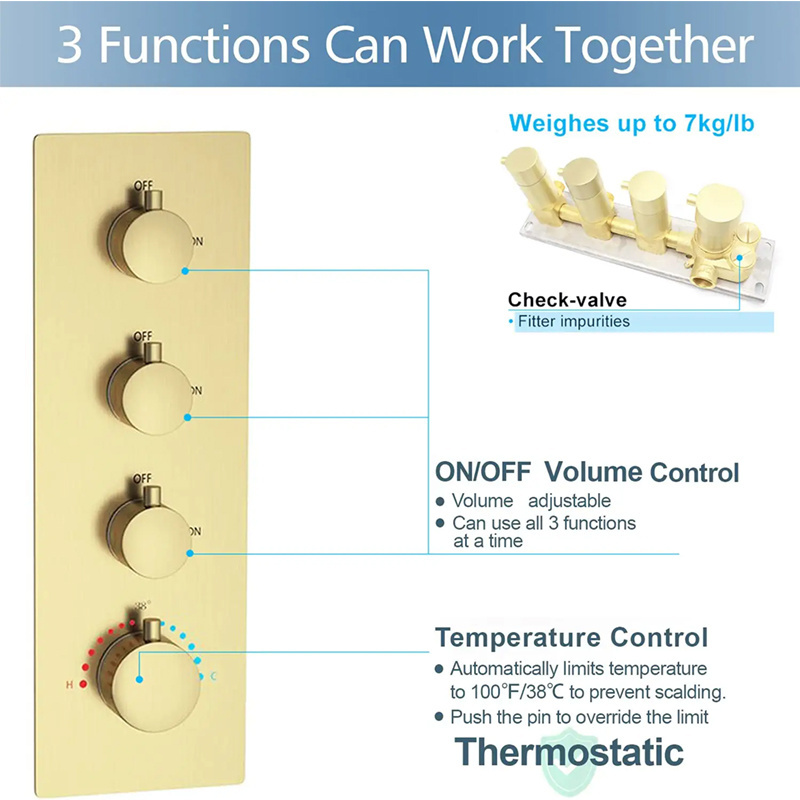 HOMEDEC Brushed Gold 3 Function 3 Way 4 Handles Concealed Thermostatic Shower water Diverter Valve with Round Knobs