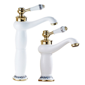 White gold faucet Ceramic porcelain hot and cold copper brass bathroom heightened basin sink faucet