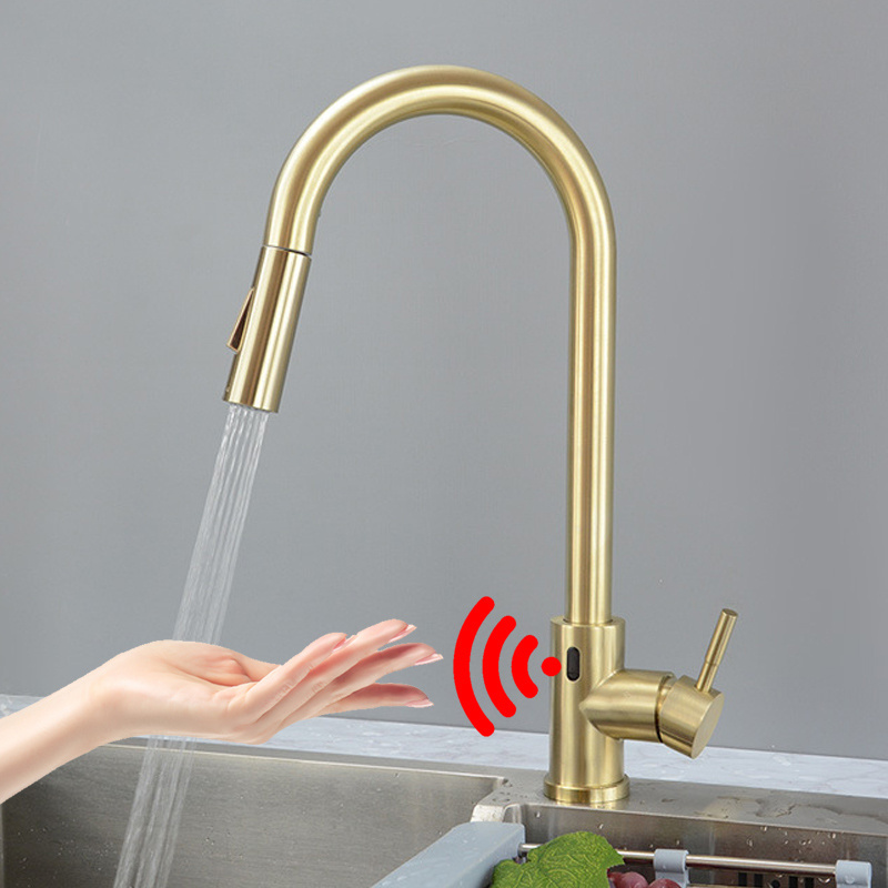 Modern stainless steel smart sensor touchless pull out brushed gold kitchen faucet