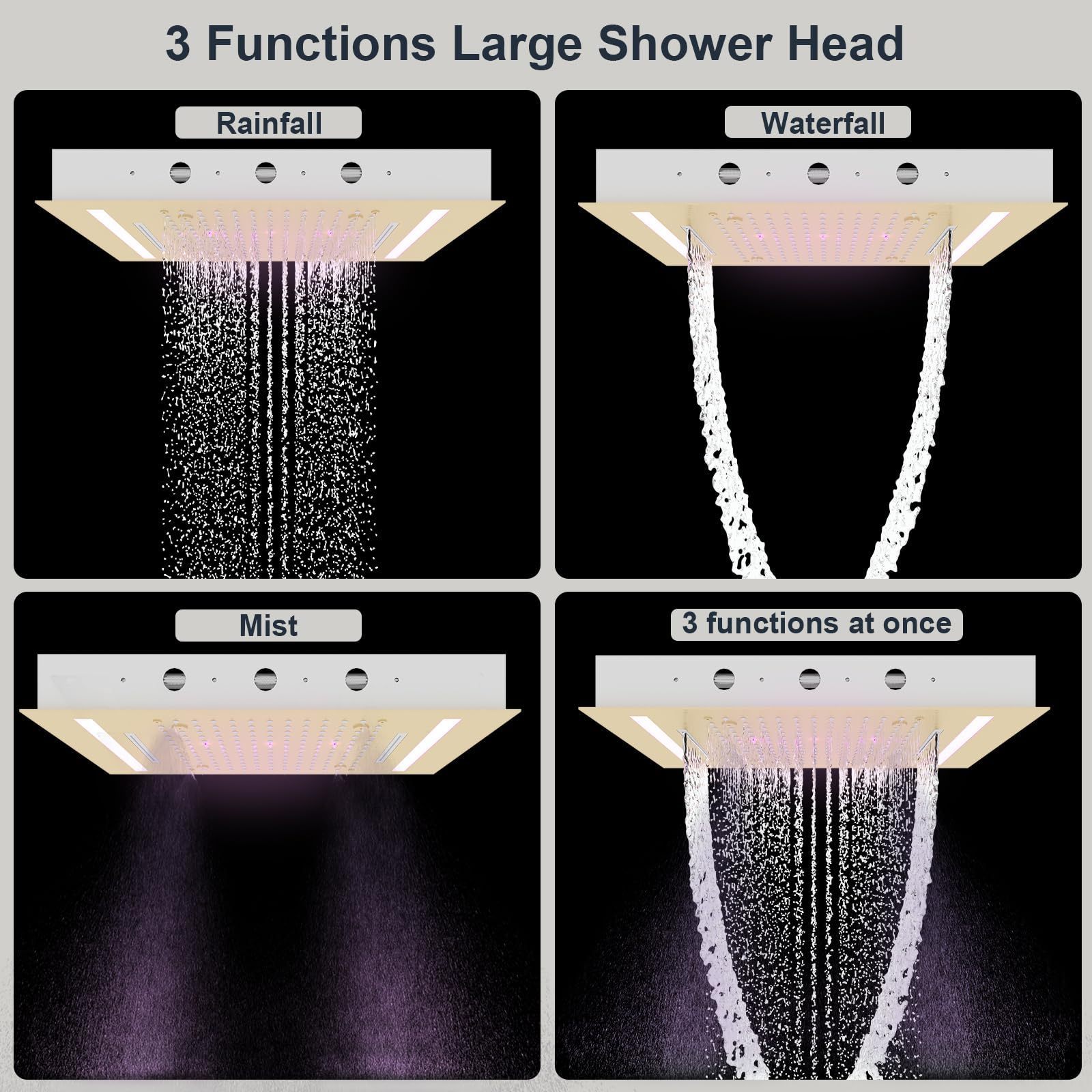 Brushed gold 3 Functions 14x20 inch LED 7 Colors Showerhead 304 Stainless Steel Rectangle Rainfall Shower Head for Bathroom